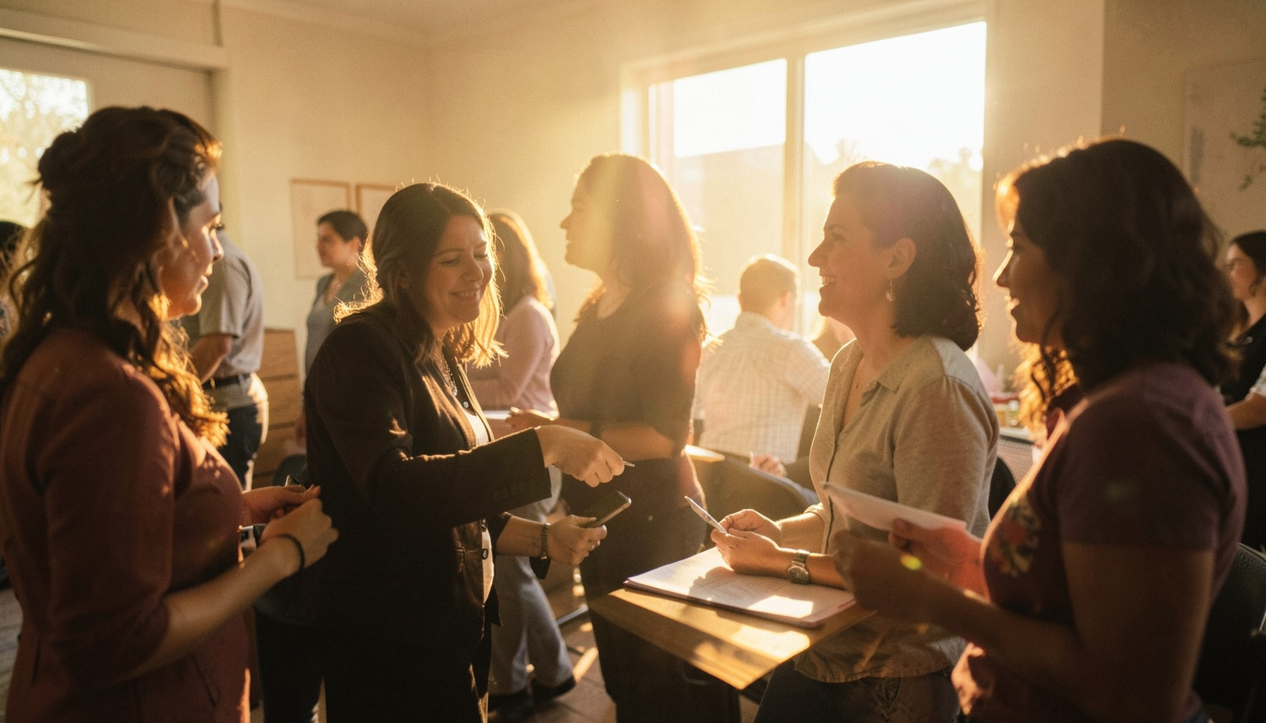 A candid photograph of women networking at a community gathering, warm indoor lighting, relaxed and engaged atmosphere.
