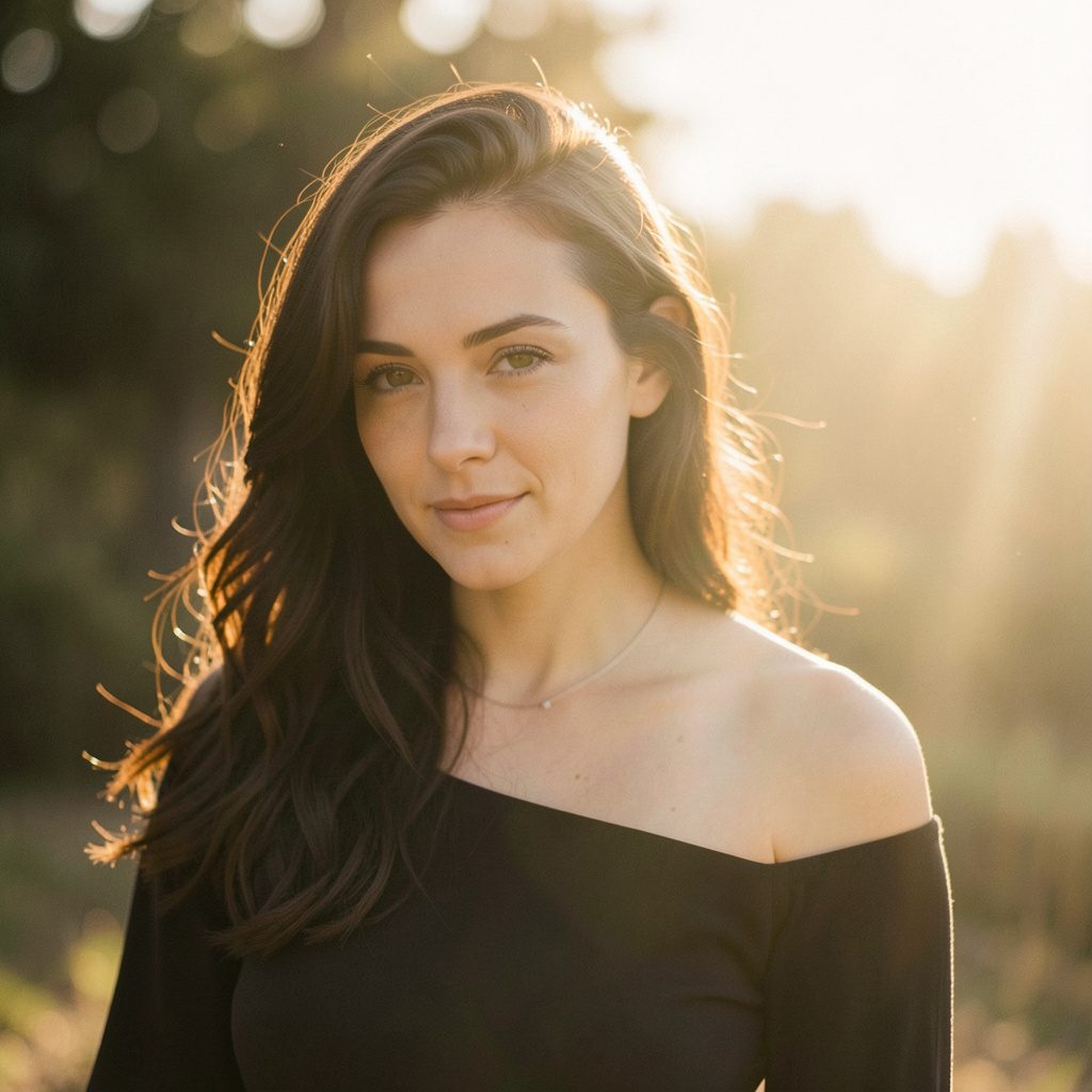 A woman with a confident and friendly demeanor, standing in warm golden light with a softly blurred interior backdrop.