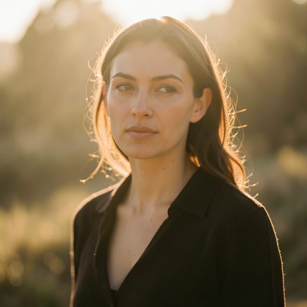 A woman with a thoughtful and inspiring presence, softly lit by golden-hour sunlight, with a calm indoor setting behind her.