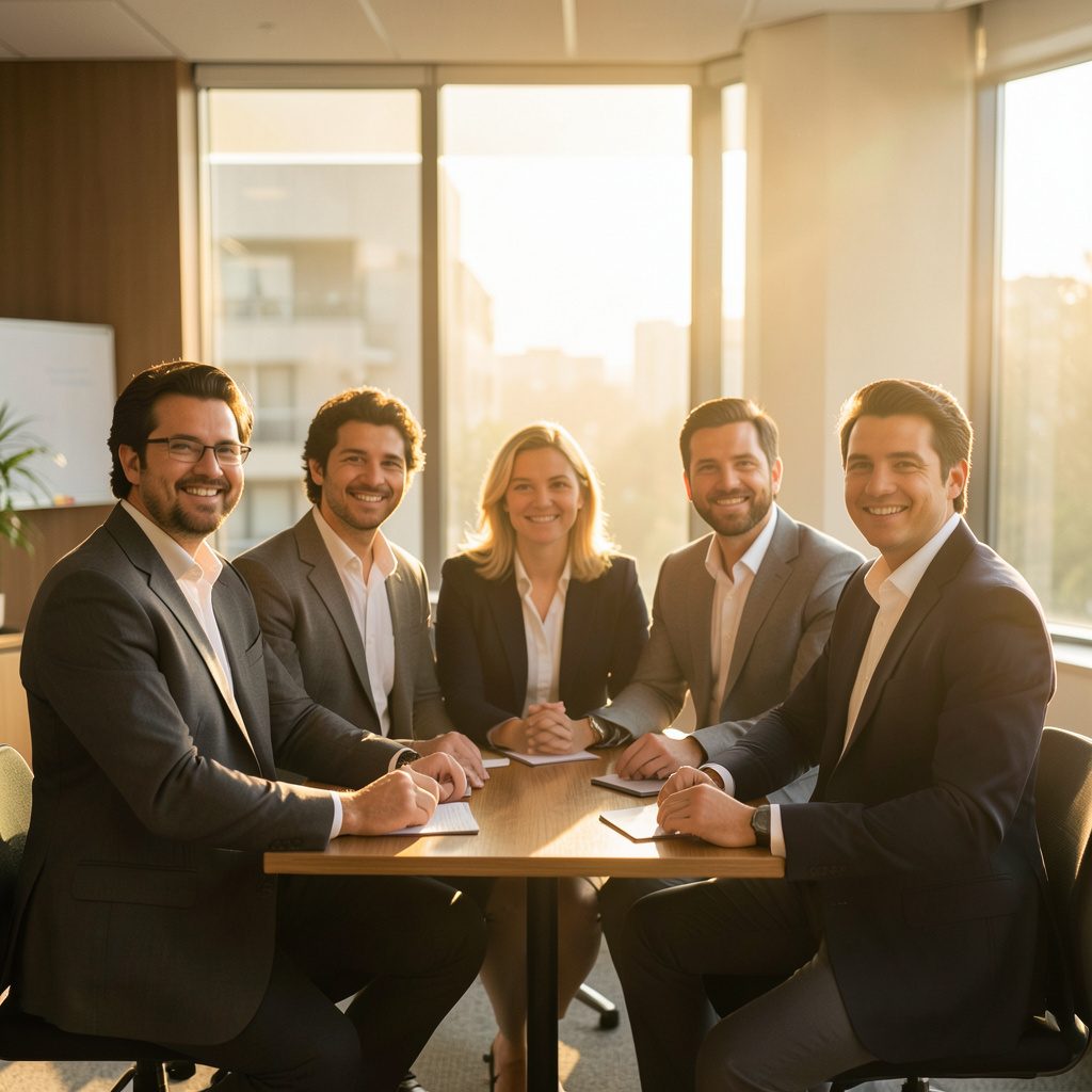 A group of women standing together in warm golden light, smiling with confidence and camaraderie, against a softly blurred indoor backdrop.