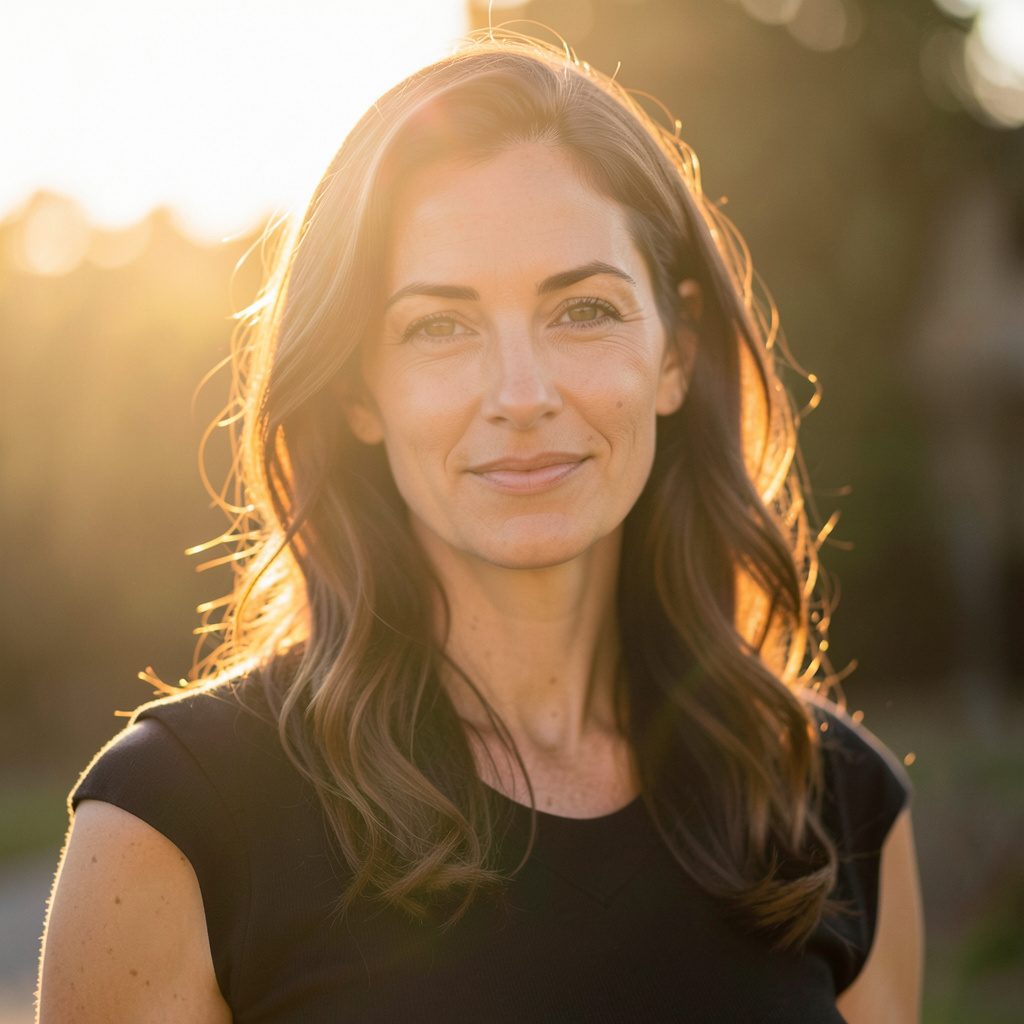 A woman with an approachable expression, wearing professional attire, bathed in warm golden light against a muted interior.