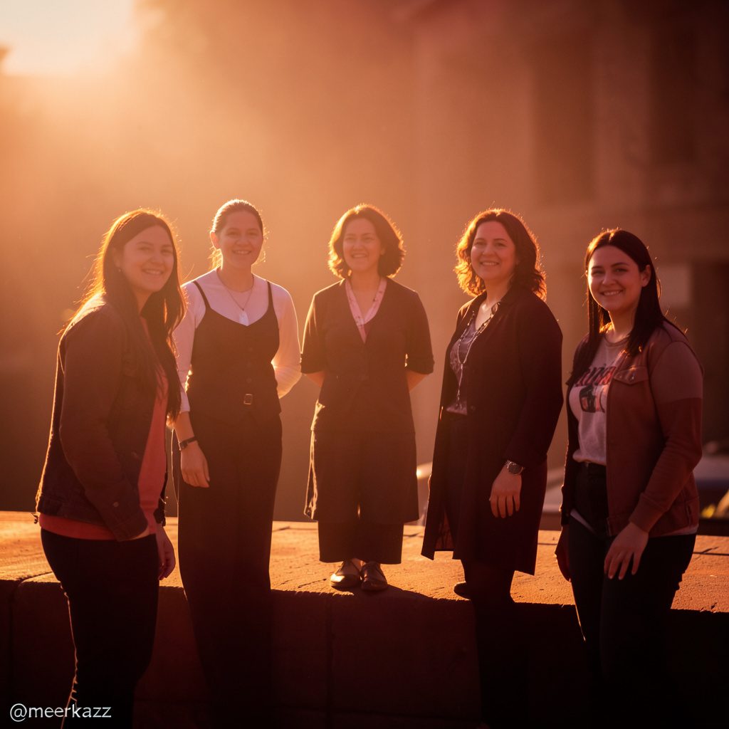 Five women posed together smiling warmly, candid group portrait in warm golden indoor lighting with a relaxed professional mood